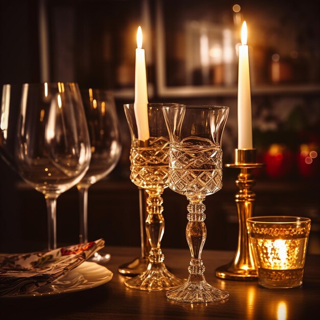 Photo des chandeliers de shabbat avec des bougies allumées sur la table de la cuisine juif traditionnel