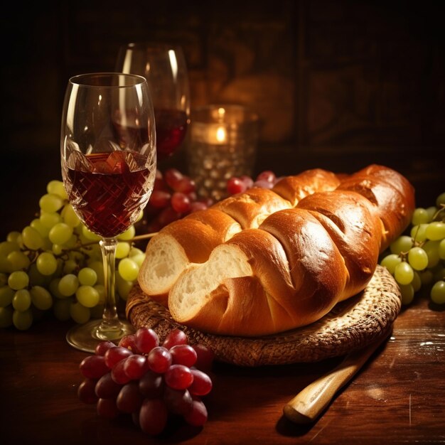 Photo des chandeliers de shabbat avec des bougies allumées sur la table de la cuisine juif traditionnel