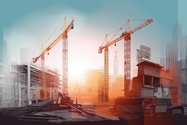 Photo une photo d'un chantier de construction avec des grues en haut et le mot construction en haut.