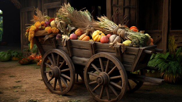 Une photo d'un chariot en bois rustique rempli de fruits récoltés