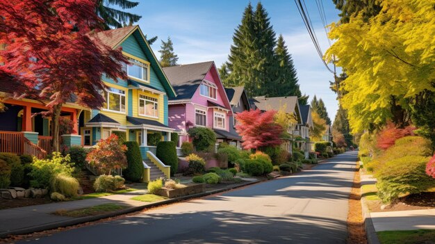 Photo une photo d'un charmant quartier de banlieue avec des maisons colorées et de grands arbres