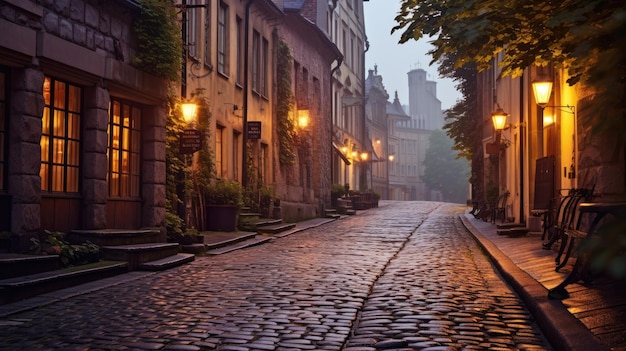 Une photo d'une charmante ruelle pavée dans une ville historique douce lueur du soir
