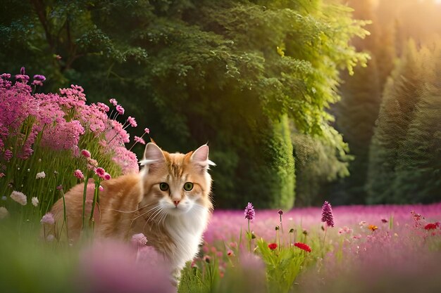 Une photo d'un chat assis sur de belles fleurs de couleurs différentes