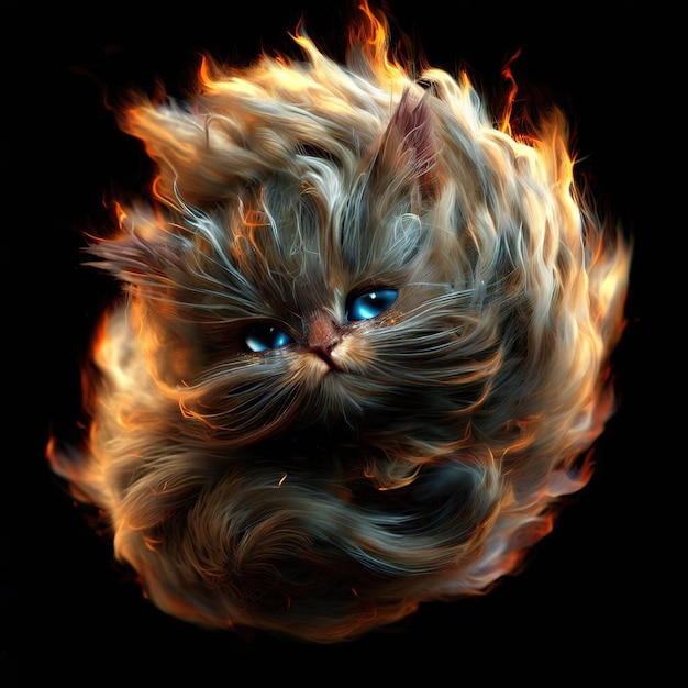 Une photo d'un chat aux yeux bleus et une flamme sur le visage.