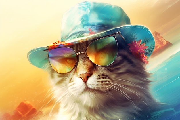 une photo d'un chat avec un chapeau bleu et des lunettes de soleil dessus