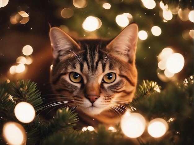 Photo d'un chat dans un sapin de Noël