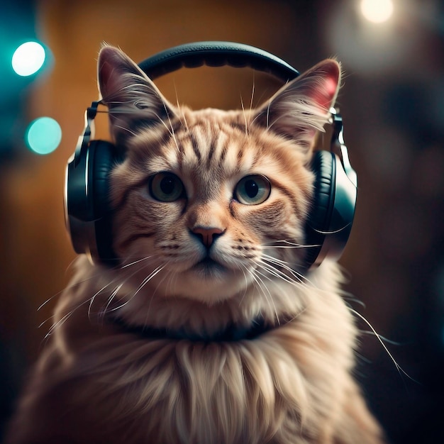 Photo d'un chat jaune rayé écoutant de la musique sur des écouteurs