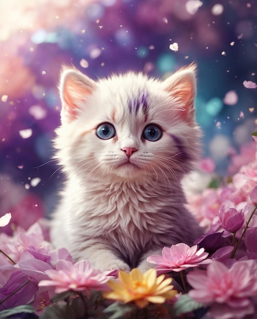 Photo une photo d'un chat mignon entouré de fleurs colorées