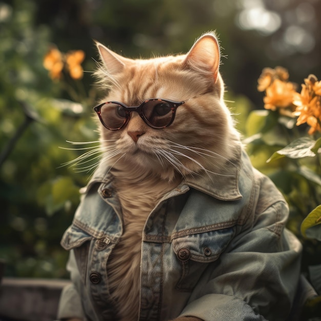 PHOTO Un chat portant des lunettes de soleil et une veste