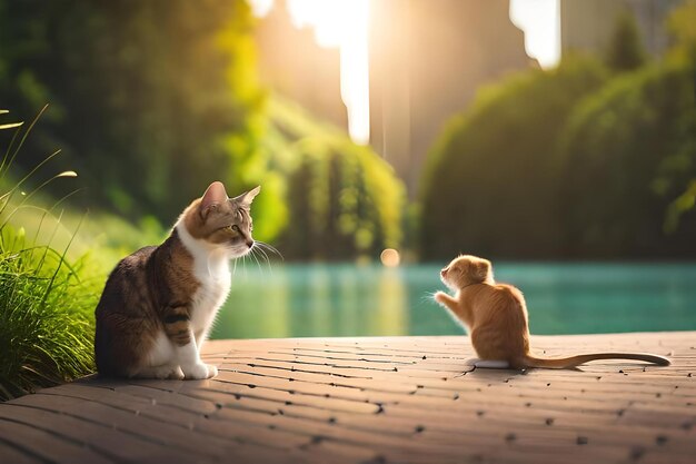 une photo d'un chat et d'un rat se regardant