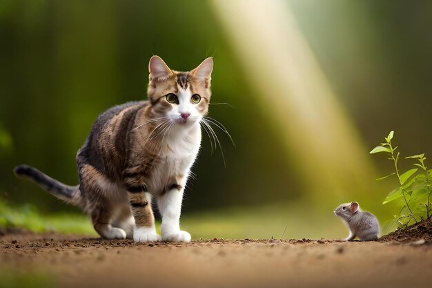 une photo d'un chat et d'un rat se regardant