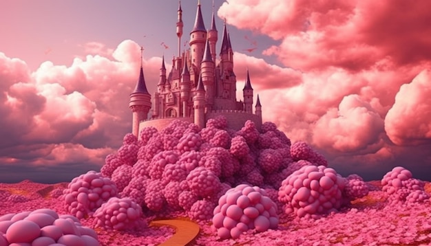 Photo d'un château de conte de fées sur une colline dans les nuages le brouillard rose enveloppe le paysage du château Nuages de sucre Generative Ai