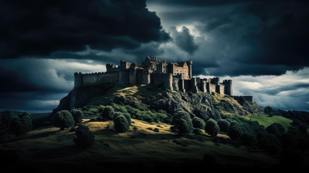 Photo une photo d'un château médiéval sur une colline avec des nuages orageux