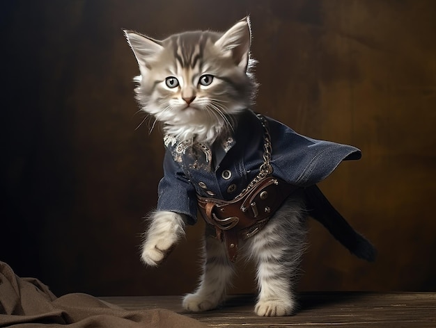 Une photo d'un chaton portant des vêtements de cow-boy