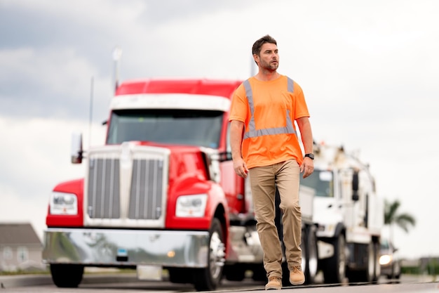 Photo d'un chauffeur de camion marchant à l'extérieur avec une publicité de concept logistique