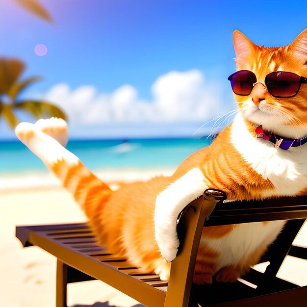 Photo photo de chef-d'œuvre d'un mignon chat roux portant des lunettes de soleil allongé sur une chaise longue sur la plage