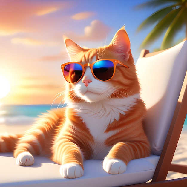 Photo de chef-d'œuvre d'un mignon chat roux portant des lunettes de soleil allongé sur une chaise longue sur la plage