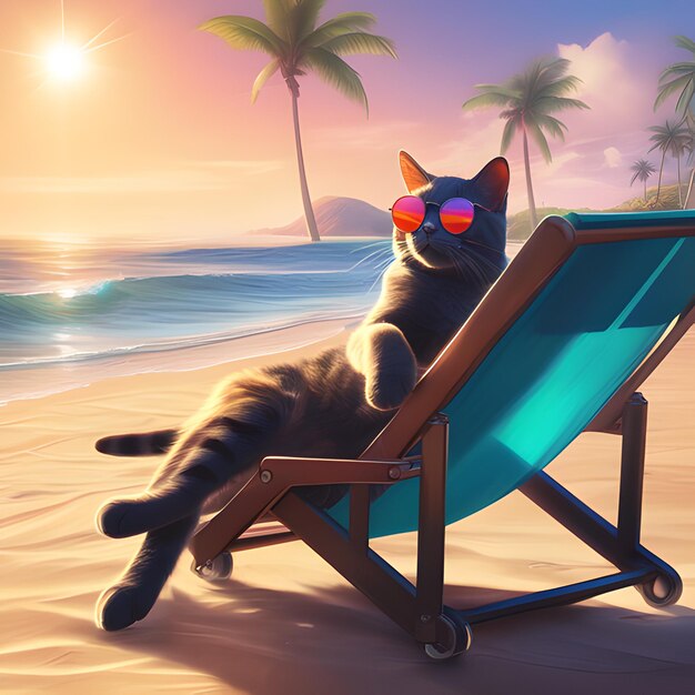 Photo de chef-d'œuvre d'un mignon chat roux portant des lunettes de soleil allongé sur une chaise longue sur la plage