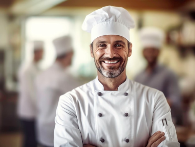 photo d'un chef souriant à la caméra arrière-plan de la cuisine avec espace de copieGénéré par AI