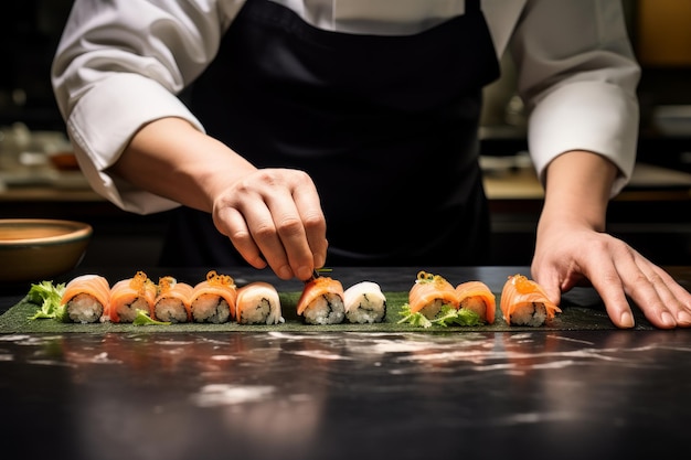 Photo d'un chef de sushi faisant des rouleaux à la main IA générative