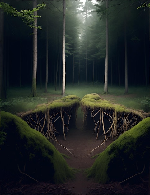 Photo d'un chemin forestier serein recouvert de mousse verte luxuriante