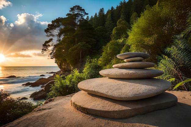 Photo d'un chemin de pierre avec un coucher de soleil en arrière-plan