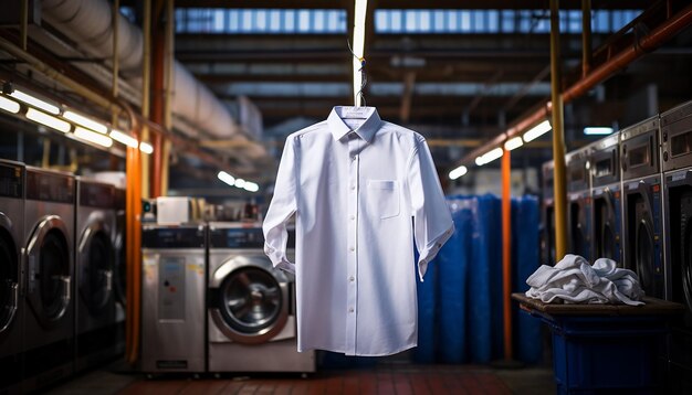 Photo photo d'une chemise d'affaires sur le fond d'une machine à laver industrielle