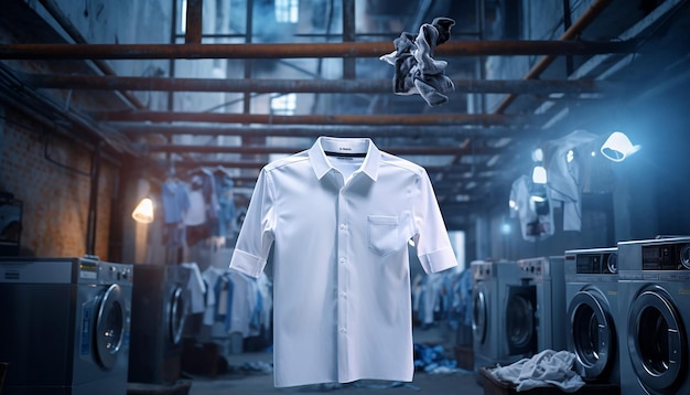 photo d'une chemise d'affaires sur le fond d'une machine à laver industrielle