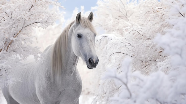 Photo cheval blanc sur l'hiver IA générative