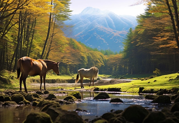 Photo photo de chevaux de cheval seuls courant debout regardant dans la journée ensoleillée au pré