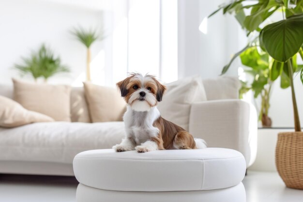 Photo d'un chien dans un intérieur de salon moderne