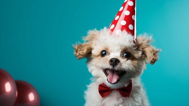 Photo d'un chien heureux dans un chapeau festif fête son anniversaire sur un fond bleu généré par l'IA