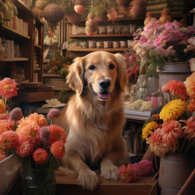 Photo d'un chien mignon faisant de la fleuristerie