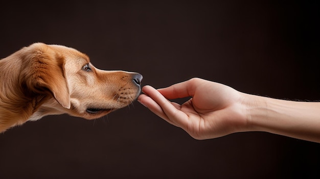 photo de chien mignon reniflant la main du propriétaire