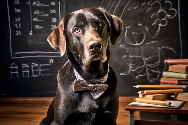 Photo d'un chien mignon en tenue d'enseignant devant un tableau noir en classe