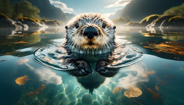 une photo d'un chien nageant dans une piscine avec des nuages et de l'eau