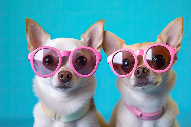 Photo de chihuahuas avec des lunettes de soleil colorées sur fond turquoise