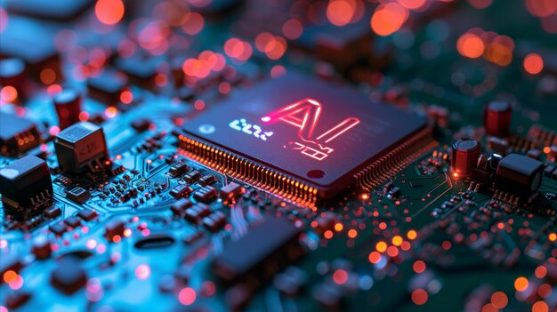 Photo d'un chipset avec des lumières au néon disant IA sur la puce