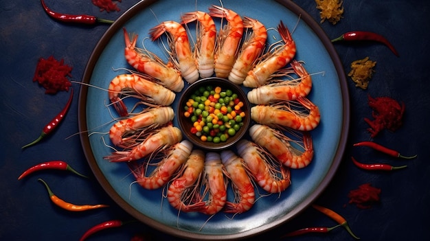 Photo de chuchi de crevettes disposées en cercle sur une assiette avec des graines de poivre fraîches générées par l'IA