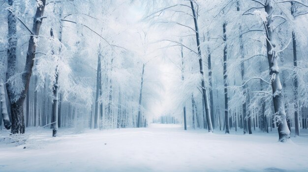 Une photo d'une chute de neige douce dans une forêt enneigée