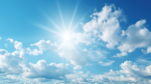 Une photo d'un ciel bleu avec des nuages blancs et un soleil brillant