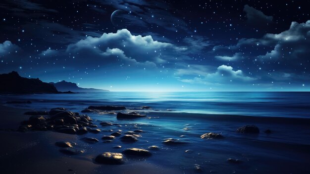 Une photo d'un ciel étoilé d'océan bleu de minuit