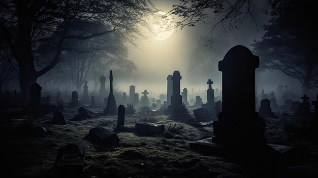 Une photo d'un cimetière brumeux avec d'anciennes pierres tombales