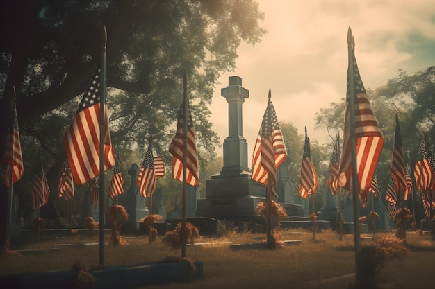 Une photo d'un cimetière avec des drapeaux américains au sol