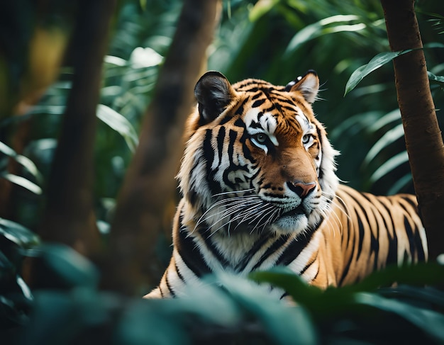 Une photo cinématographique d'un tigre dans la jungle