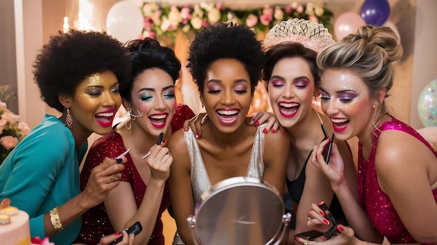 Photo de cinq jolies femmes qui se préparent pour la fête de la mariée en se maquillant