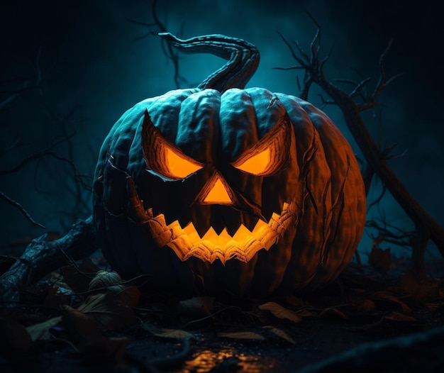 Photo de citrouille d'Halloween effrayante avec un visage et des yeux maléfiques en gros plan