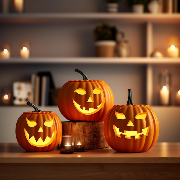 Photo de citrouilles Jack o' Lantern de différentes tailles pour Halloween dans un salon moderne