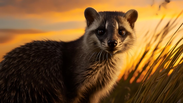 Photo de civette palmiste africaine sur la savane au coucher du soleil