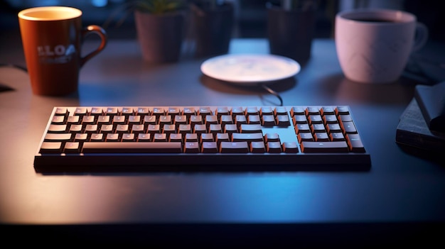 Une photo d'un clavier d'ordinateur avec une tasse de café sur la table